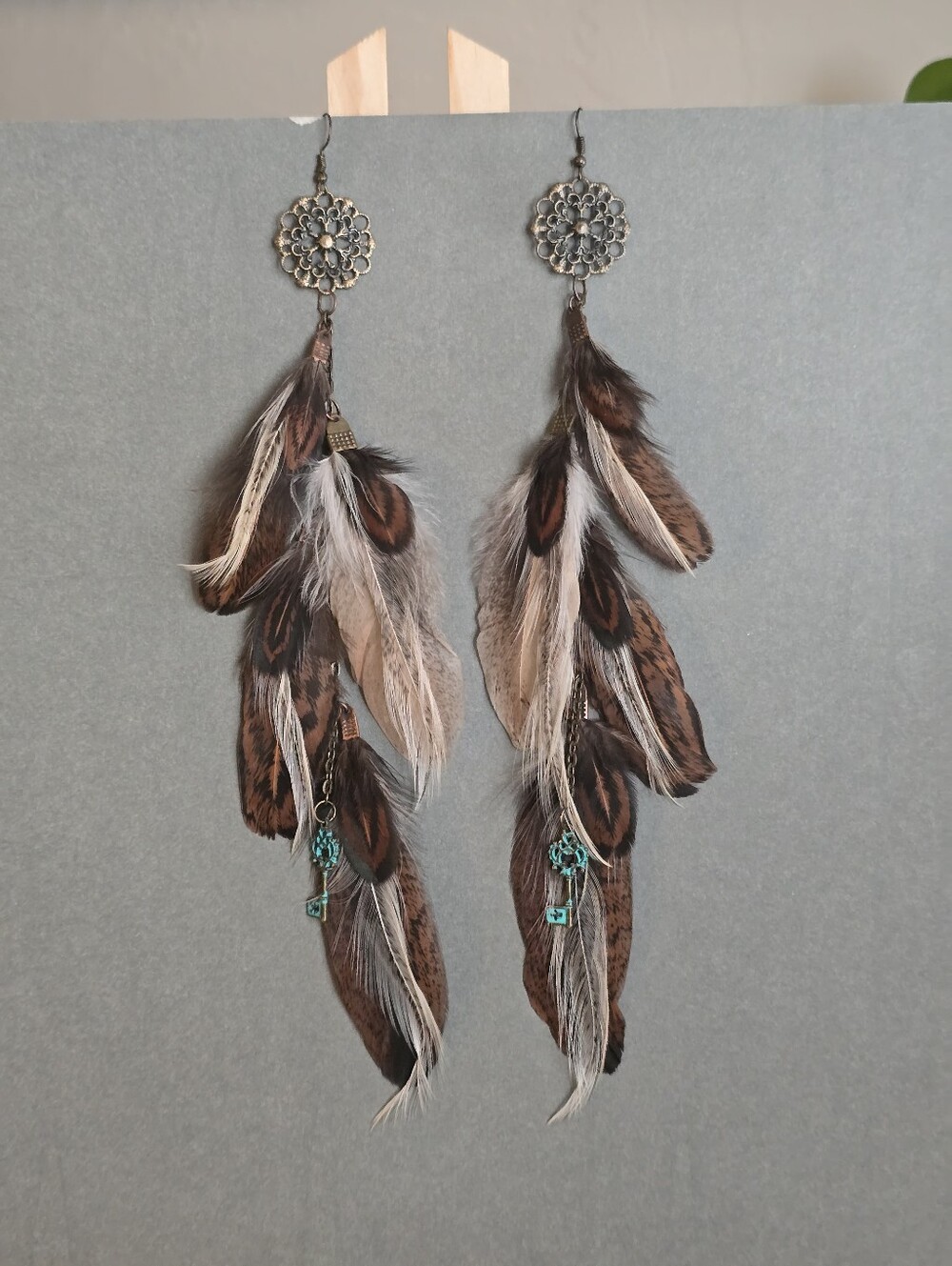 New Boho Feather Drop Earrings in Brown and Cream Handcrafted Nativemade Western
